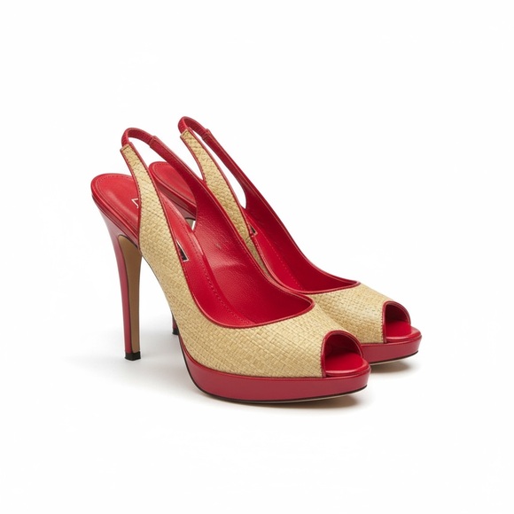 Bebe ᪥ Katie Woven Straw Platform Slingback Heeled Sandals ᪥ Red Leather ᪥ 6M ᪥ - Picture 14 of 16